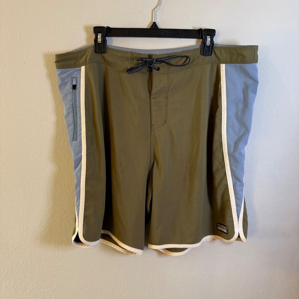 Florence Marine X Mens Board Shorts Olive Green Blue Size 38 Scalloped Hem Surf